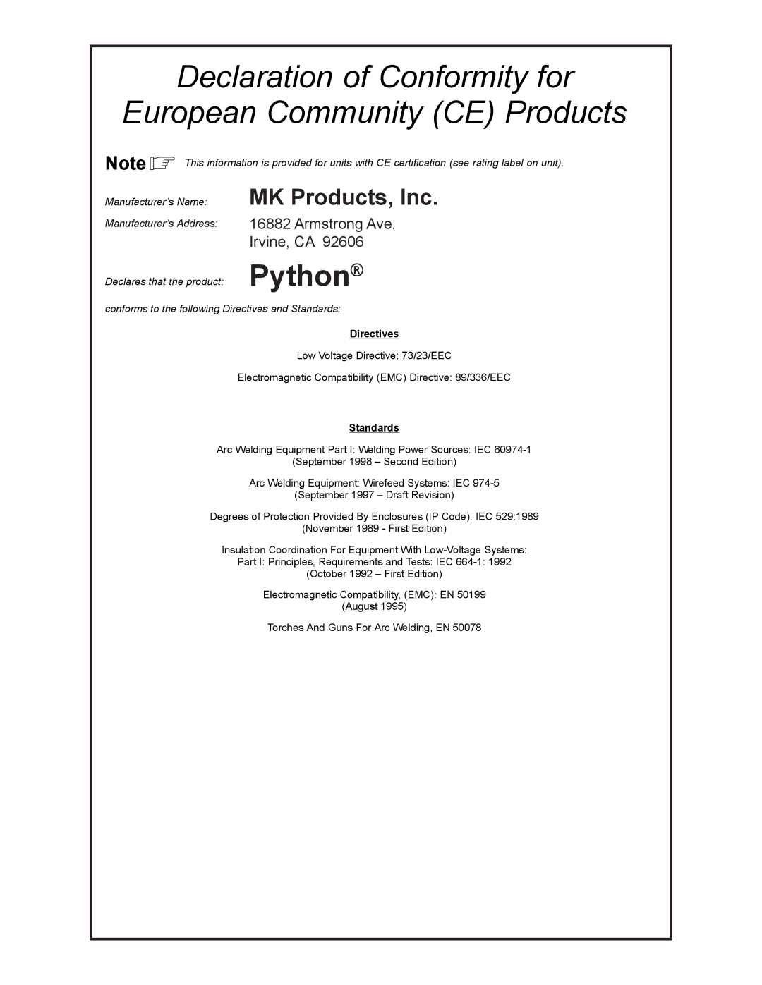 Python 248-8XX owner manual Declaration of Conformity for European Community CE Products 