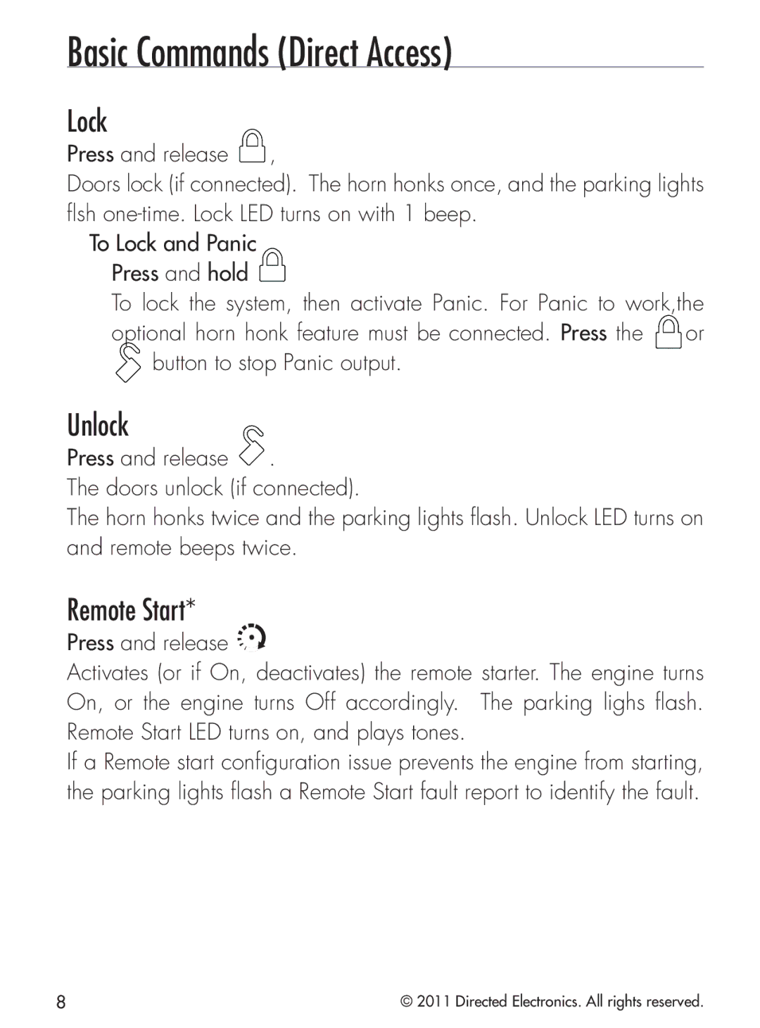 Python 424 manual Basic Commands Direct Access, Lock, Unlock, Remote Start, Button to stop Panic output 