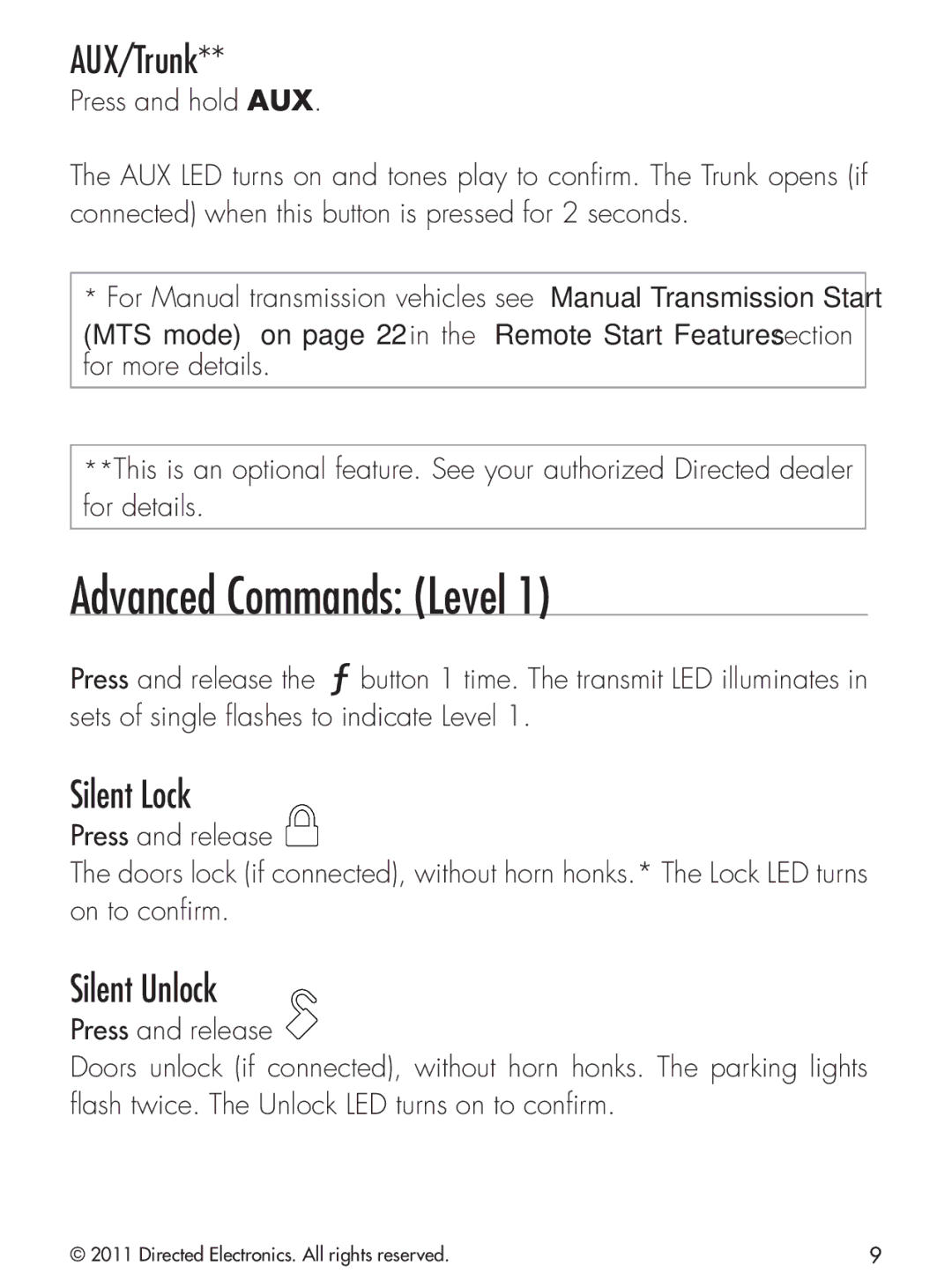 Python 424 manual Advanced Commands Level, AUX/Trunk, Silent Lock, Silent Unlock, Press and hold AUX 