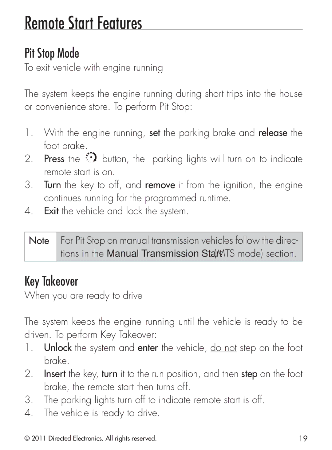 Python 424 manual Remote Start Features, Pit Stop Mode, Key Takeover 