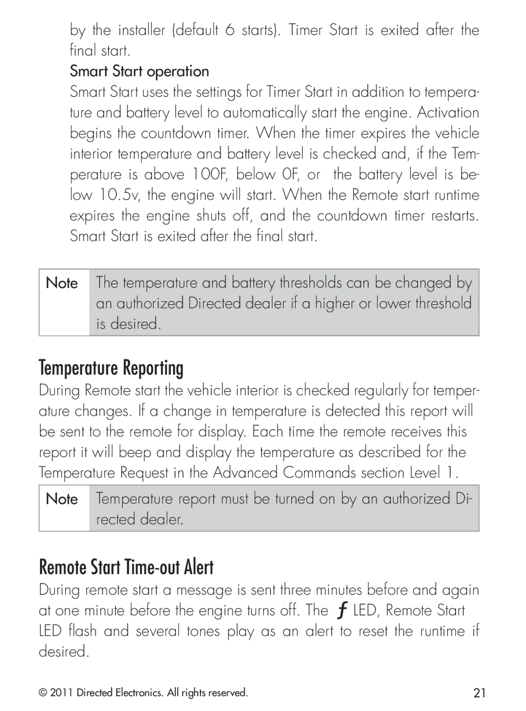 Python 424 manual Temperature Reporting, Remote Start Time-out Alert 