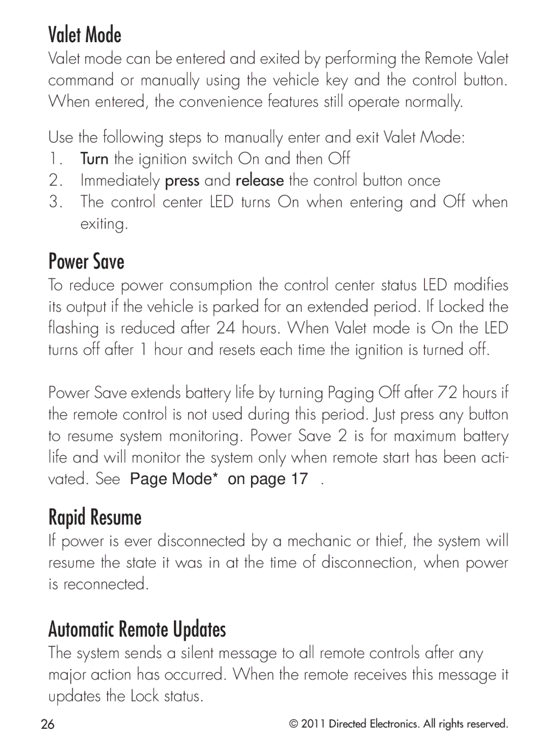 Python 424 manual Valet Mode, Power Save, Rapid Resume, Automatic Remote Updates 