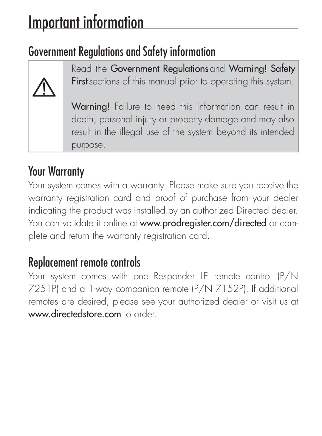 Python 424 Important information, Government Regulations and Safety information, Your Warranty Replacement remote controls 