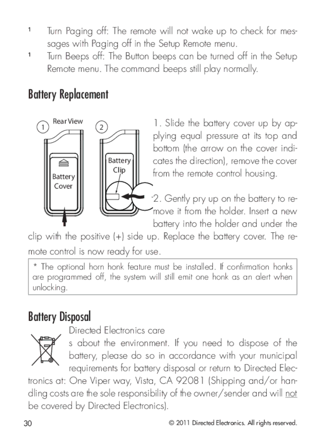 Python 424 manual Battery Replacement, Battery Disposal, From the remote control housing, Directed Electronics care 