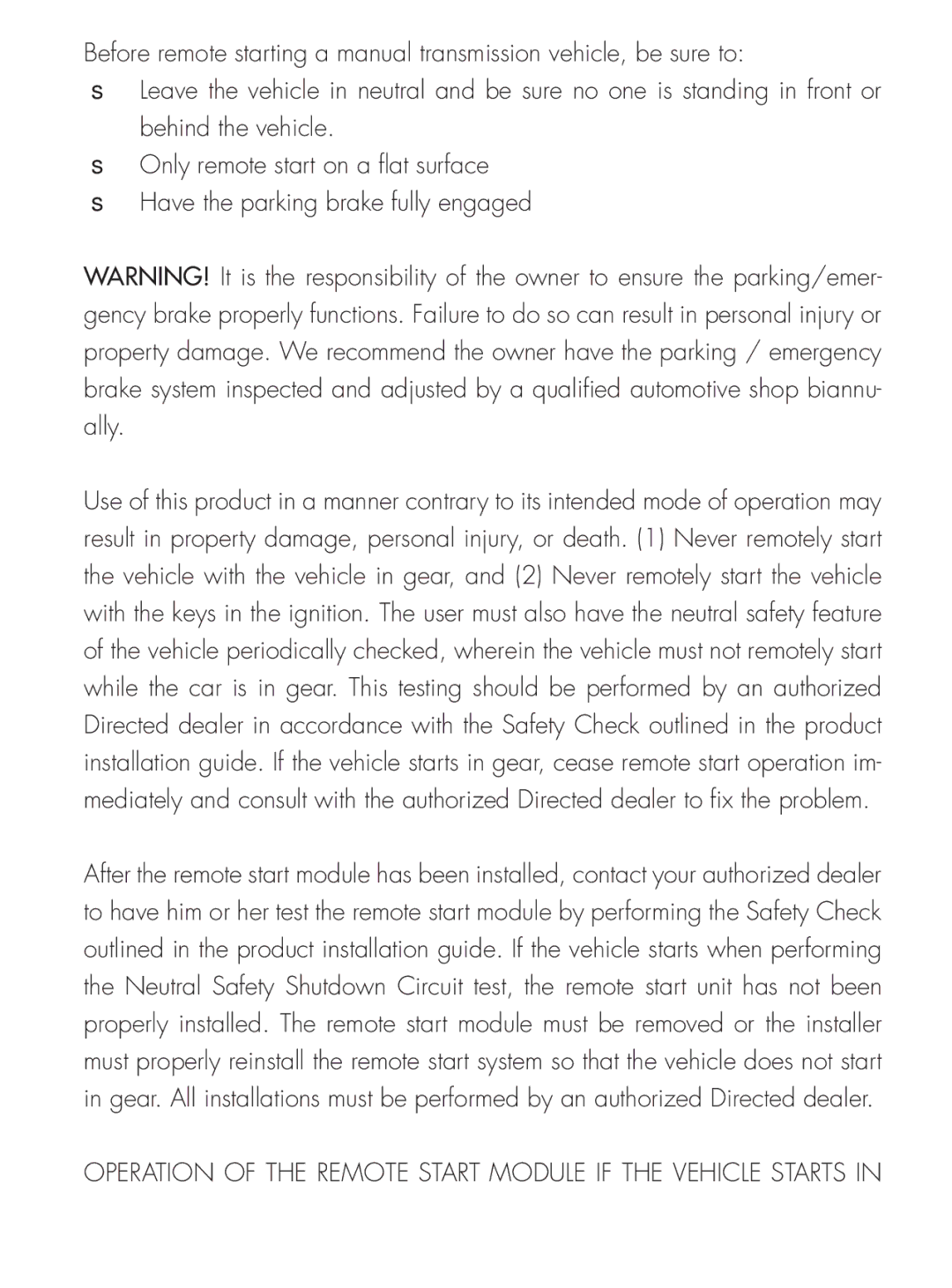 Python 424 manual Operation of the Remote Start Module if the Vehicle Starts 