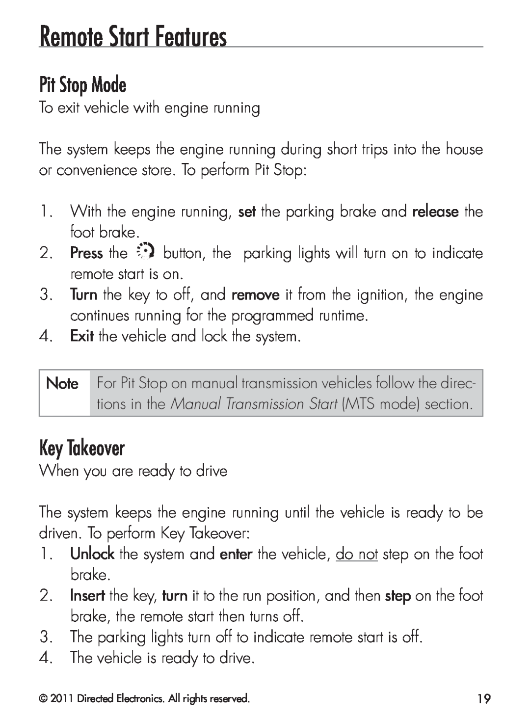 Python 424 manual Remote Start Features, Pit Stop Mode, Key Takeover 