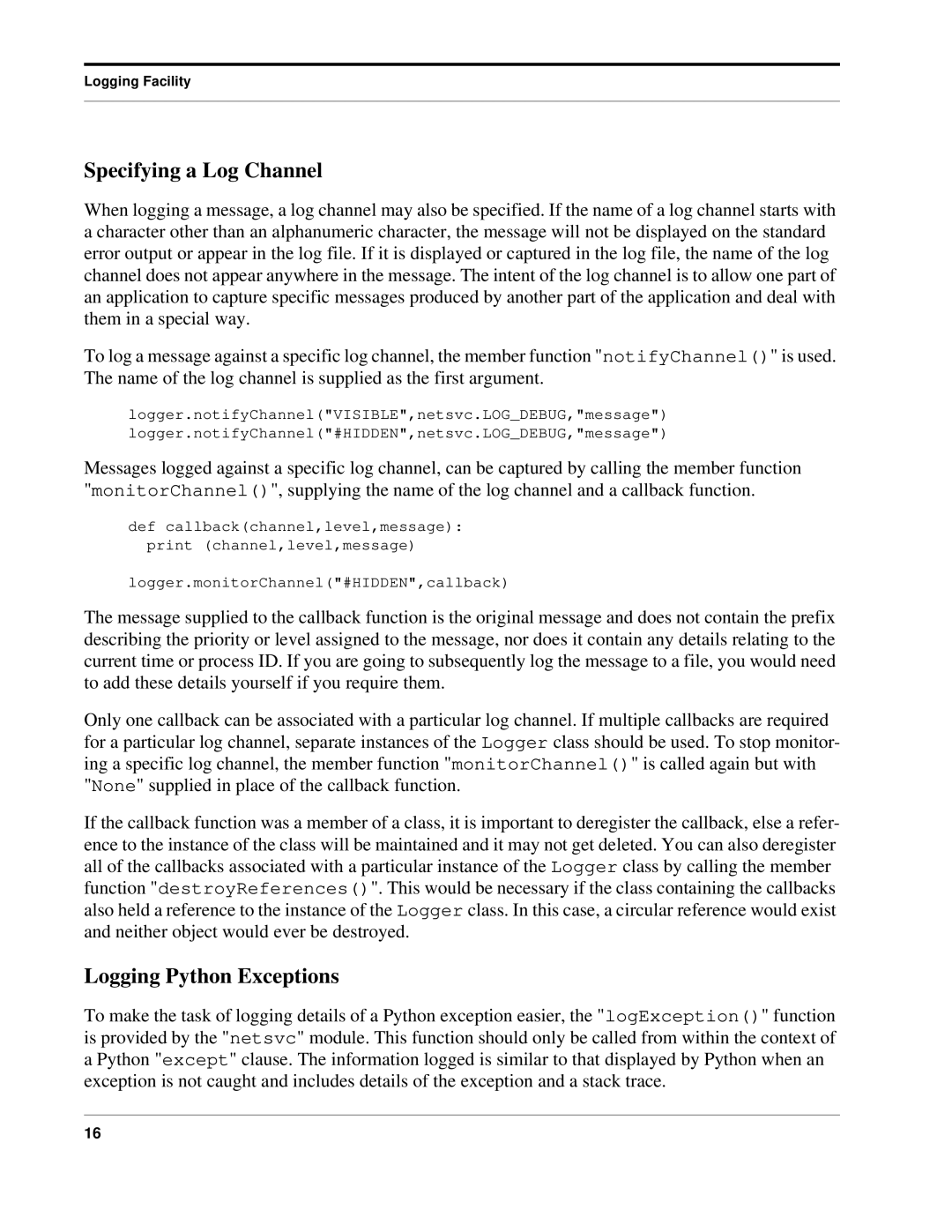 Python Python Manual, 7.0pl5 manual Specifying a Log Channel, Logging Python Exceptions 