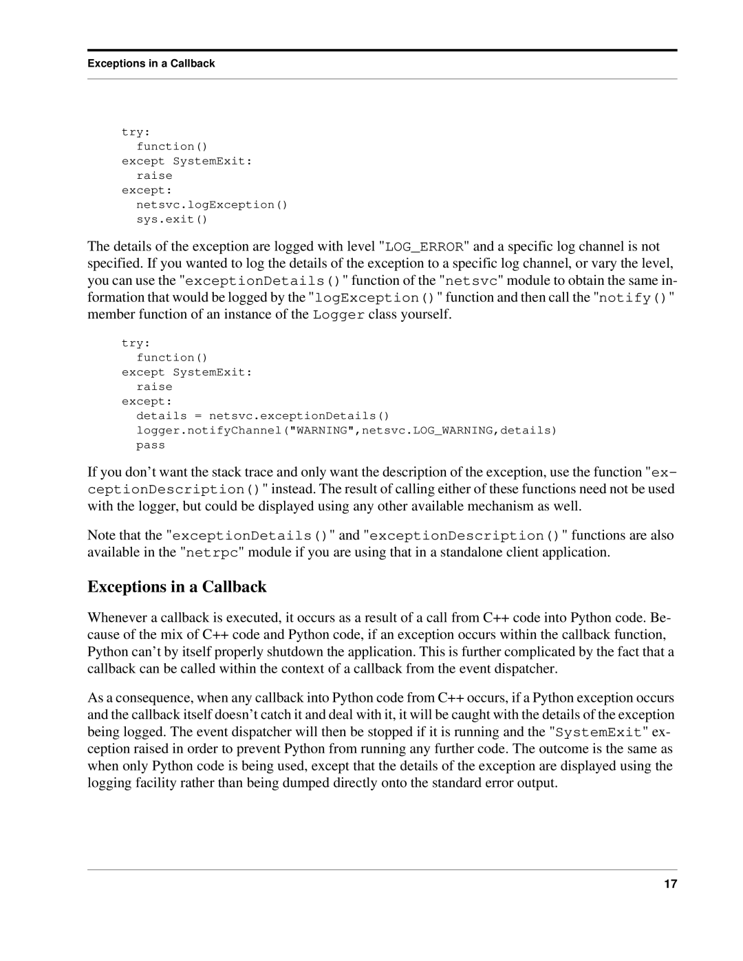 Python 7.0pl5, Python Manual manual Exceptions in a Callback 