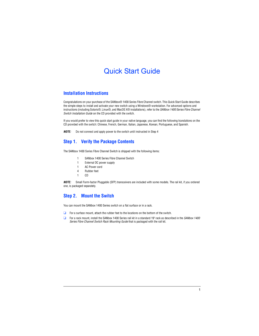 Q-Logic 1400 quick start Installation Instructions, Verify the Package Contents, Mount the Switch 