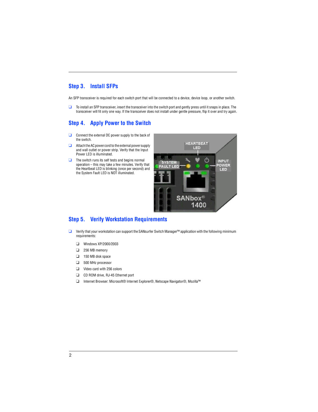 Q-Logic 1400 quick start Install SFPs, Verify Workstation Requirements 