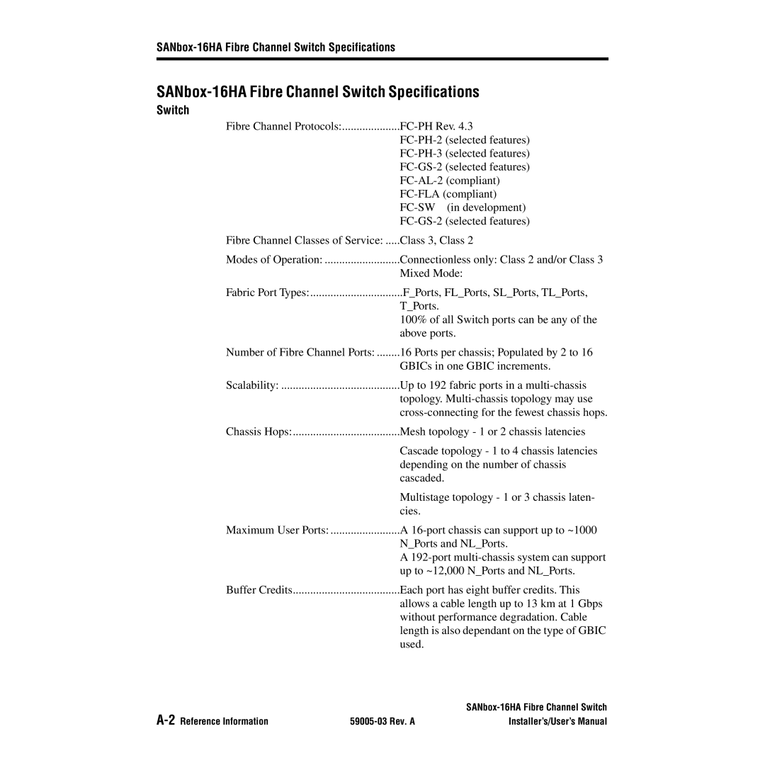 Q-Logic user manual SANbox-16HA Fibre Channel Switch Speciﬁcations, SANbox-16HA Fibre Channel Switch Specifications 