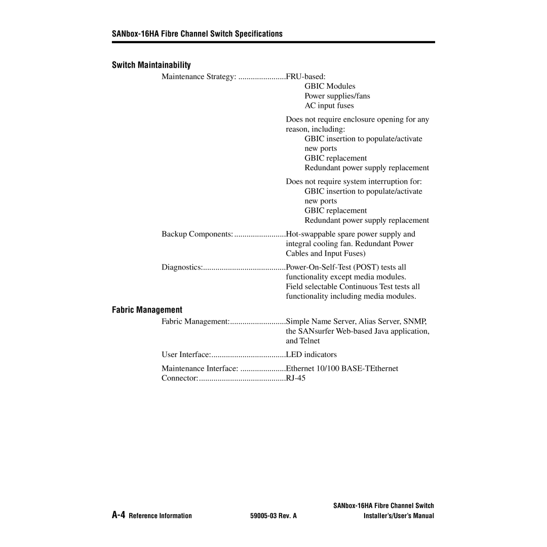 Q-Logic 16HA user manual Switch Maintainability, Fabric Management 