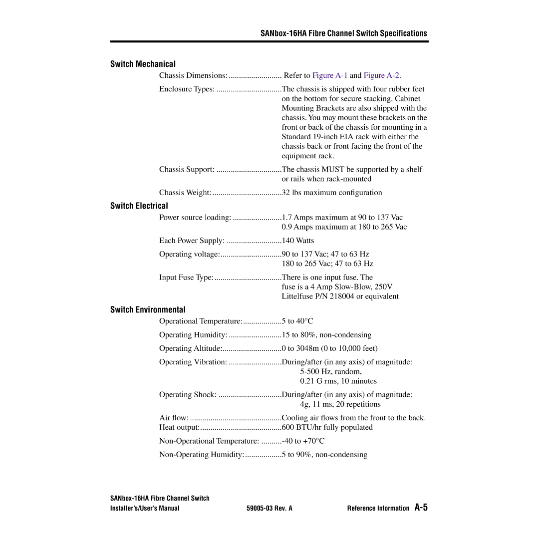 Q-Logic 16HA user manual Switch Mechanical, Switch Electrical, Switch Environmental 