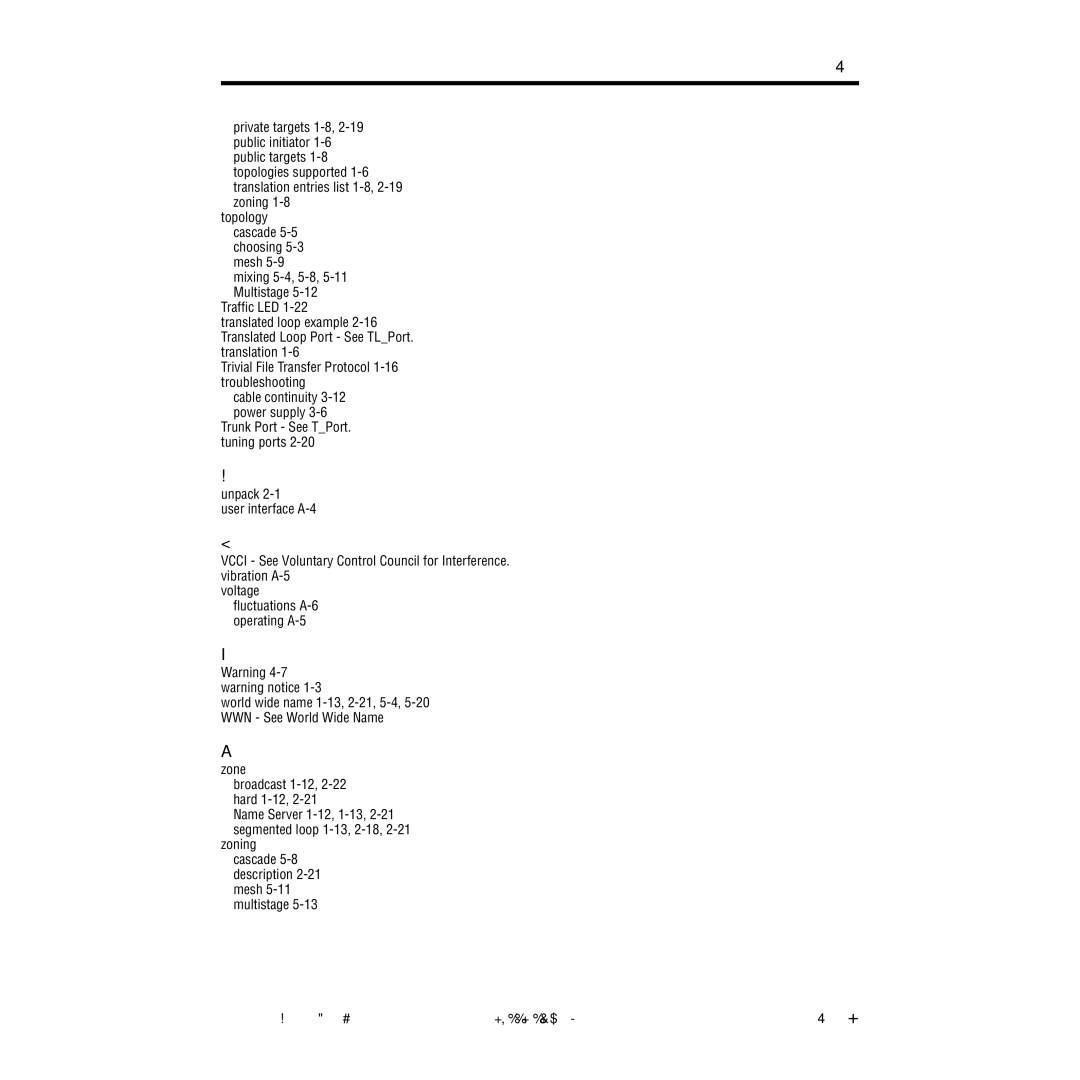 Q-Logic 16HA user manual Zoning cascade 5-8 description 2-21 mesh 5-11 multistage 