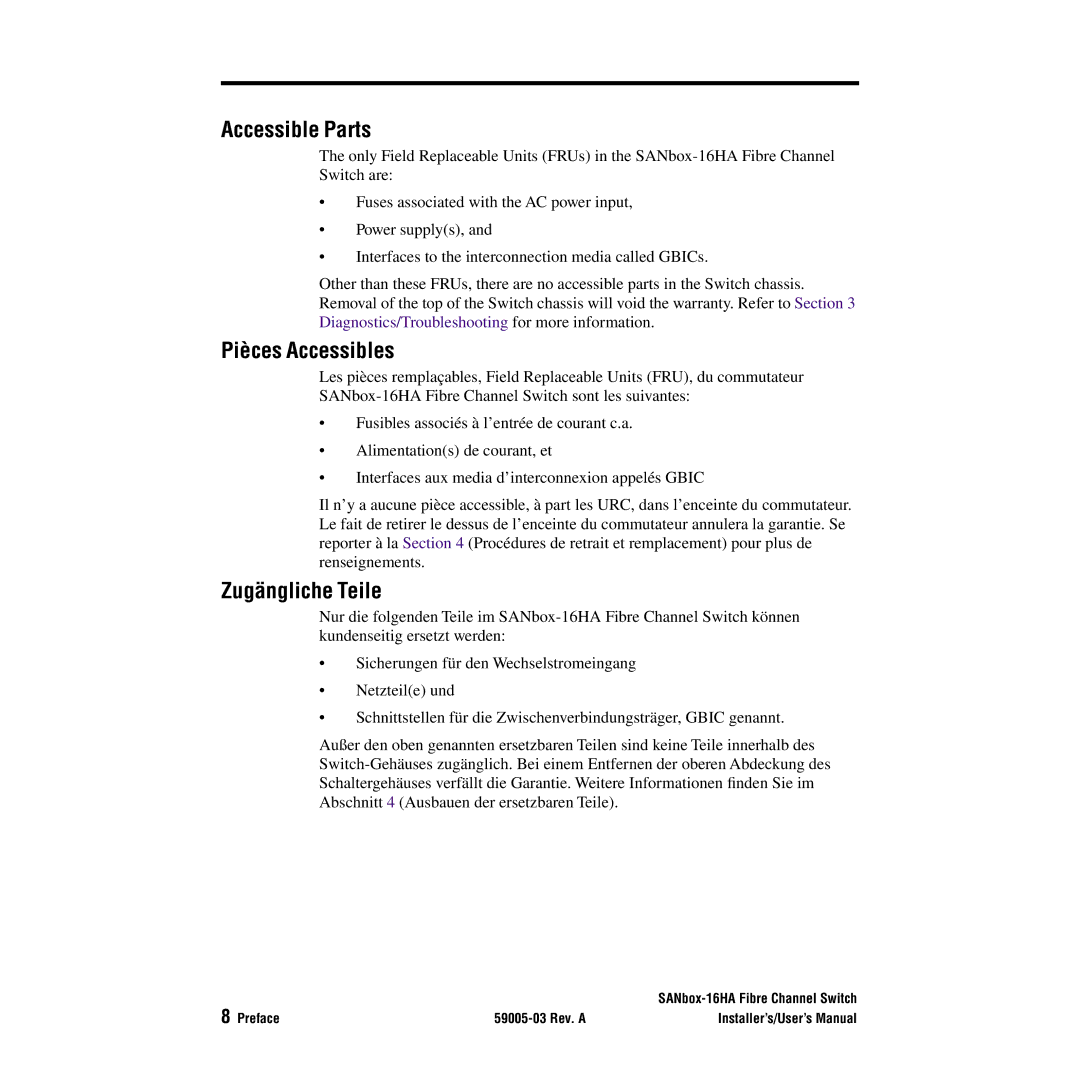 Q-Logic 16HA user manual Accessible Parts, Pièces Accessibles, Zugängliche Teile 