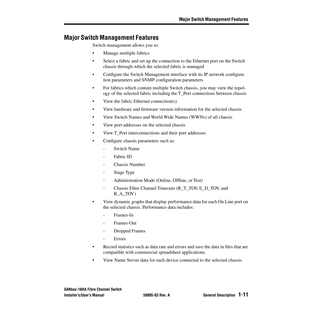 Q-Logic 16HA user manual Major Switch Management Features 