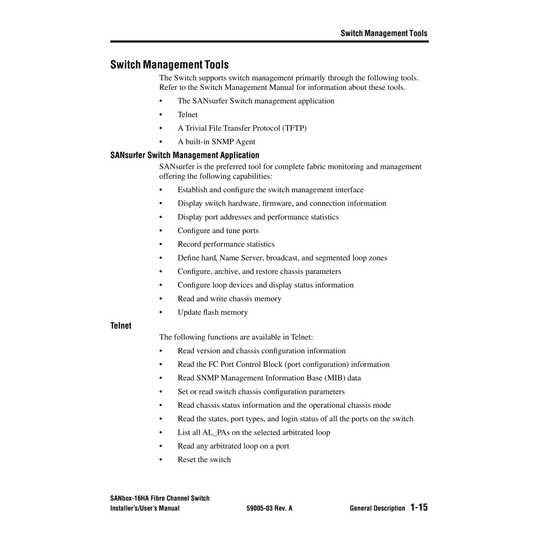 Q-Logic 16HA user manual Switch Management Tools, SANsurfer Switch Management Application, Telnet 