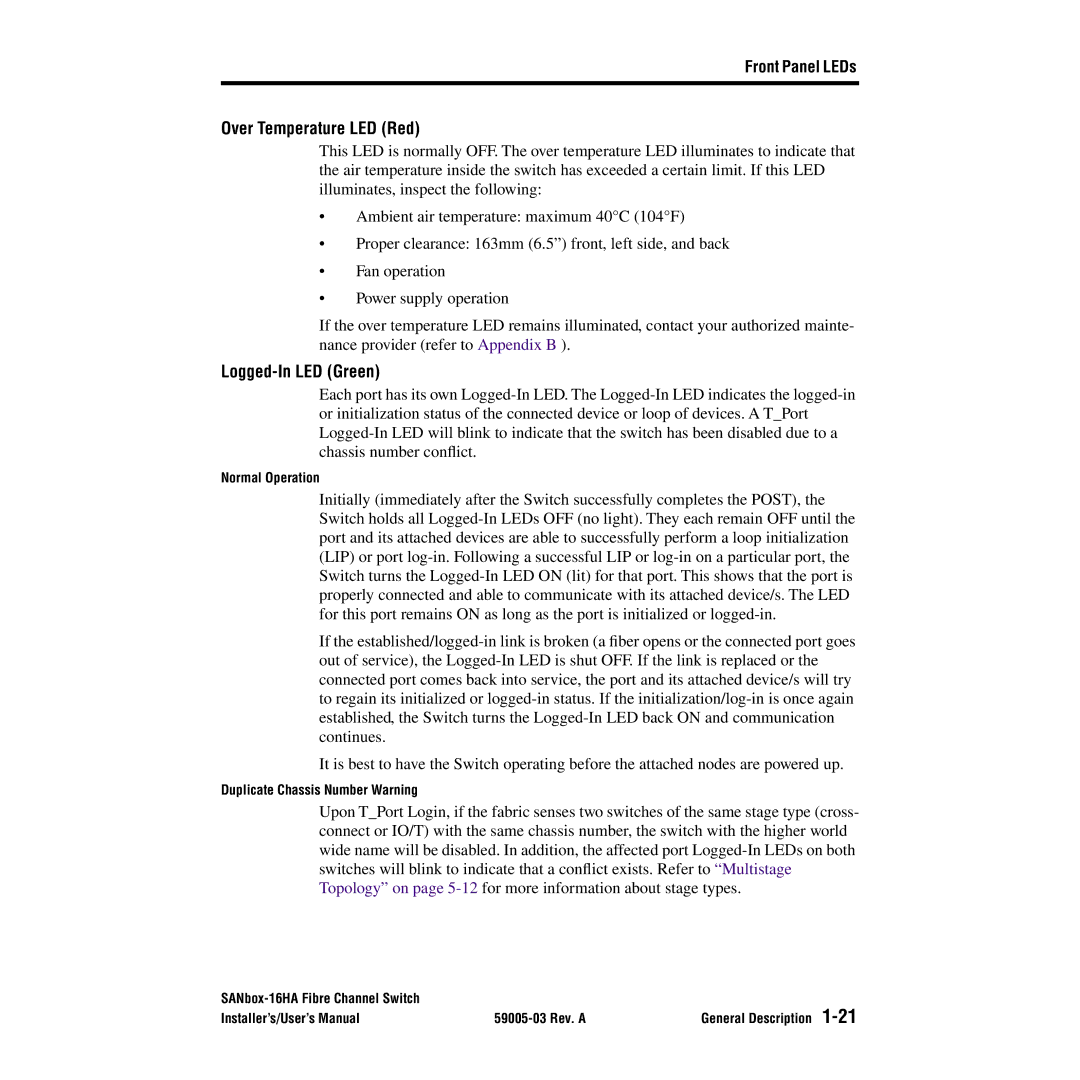 Q-Logic 16HA user manual Over Temperature LED Red, Logged-In LED Green 