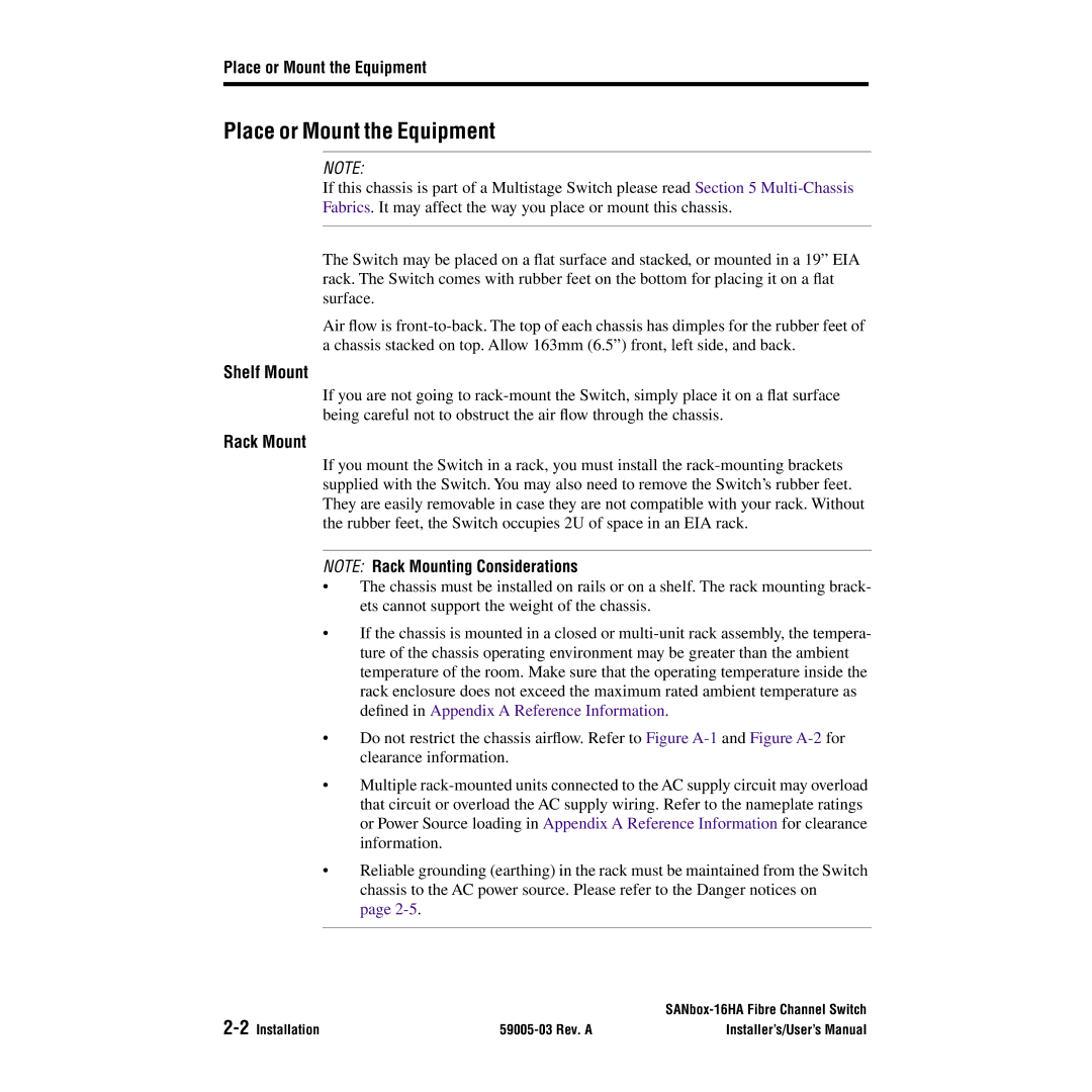 Q-Logic 16HA user manual Place or Mount the Equipment, Shelf Mount, Rack Mount 