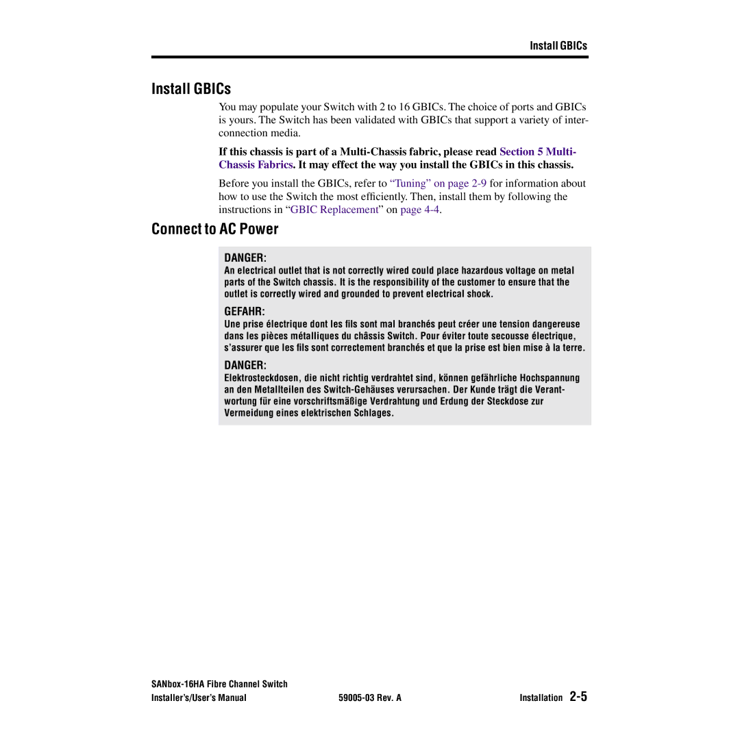 Q-Logic 16HA user manual Install GBICs, Connect to AC Power 