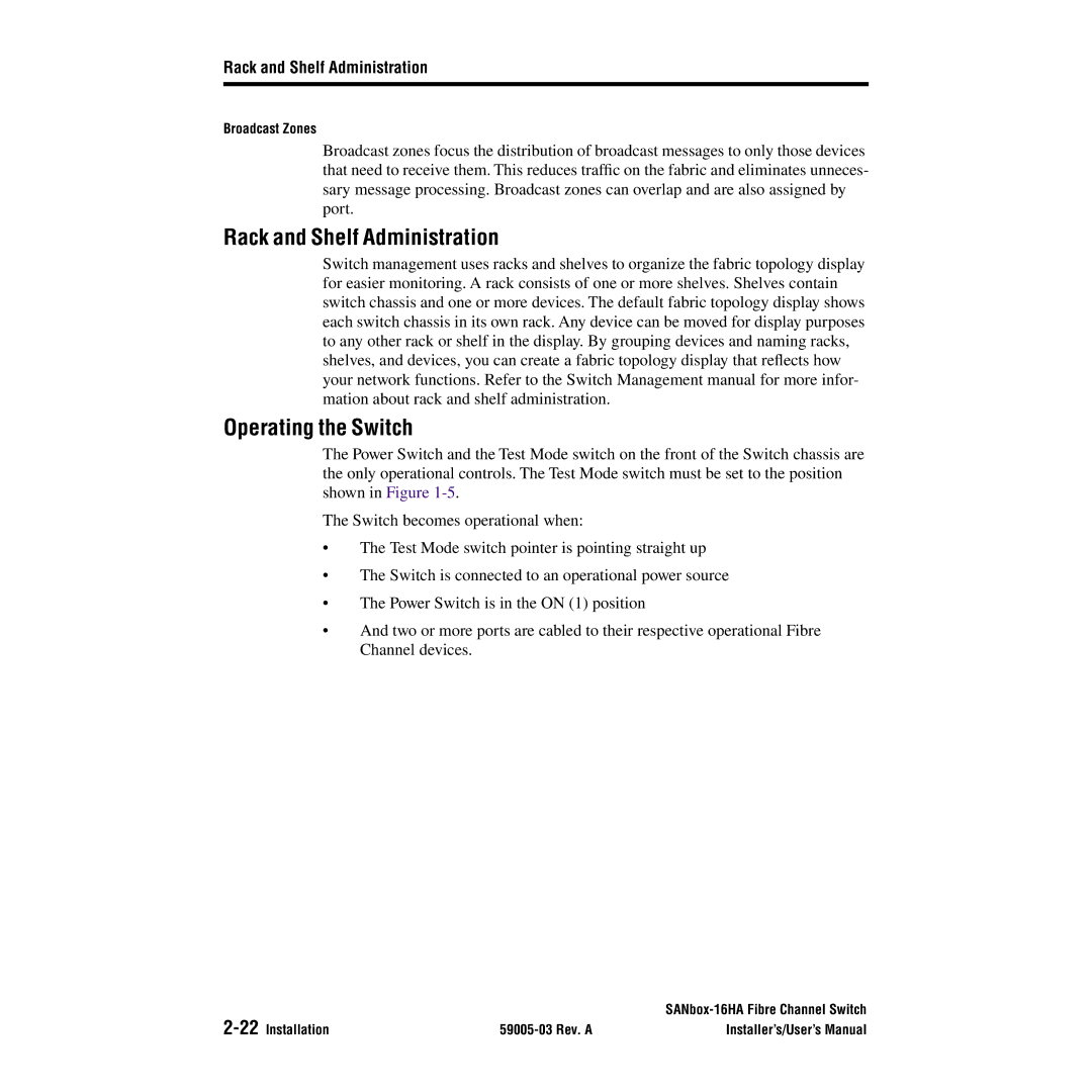 Q-Logic 16HA user manual Rack and Shelf Administration, Operating the Switch 