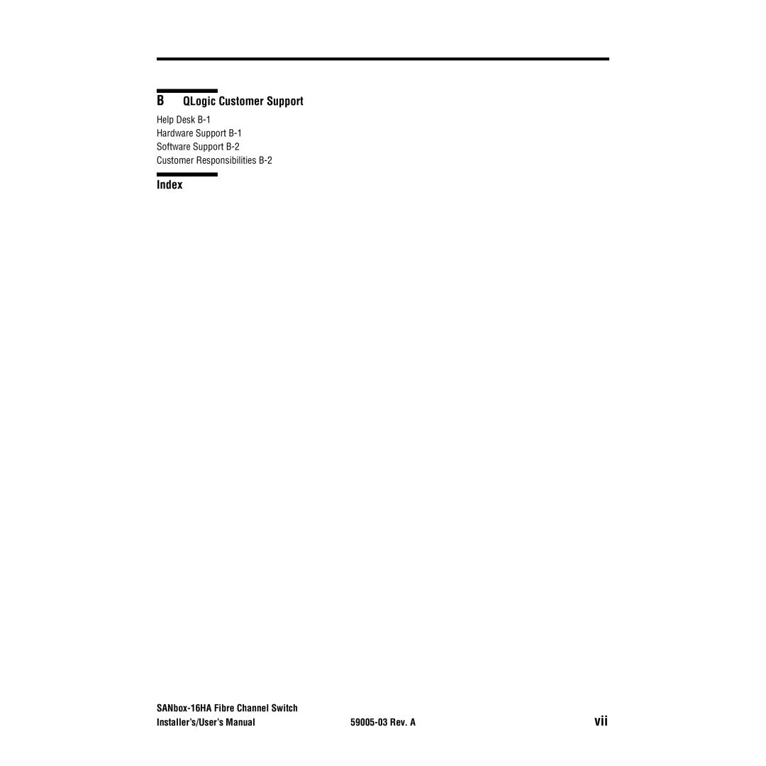 Q-Logic 16HA user manual Vii, QLogic Customer Support, Index 