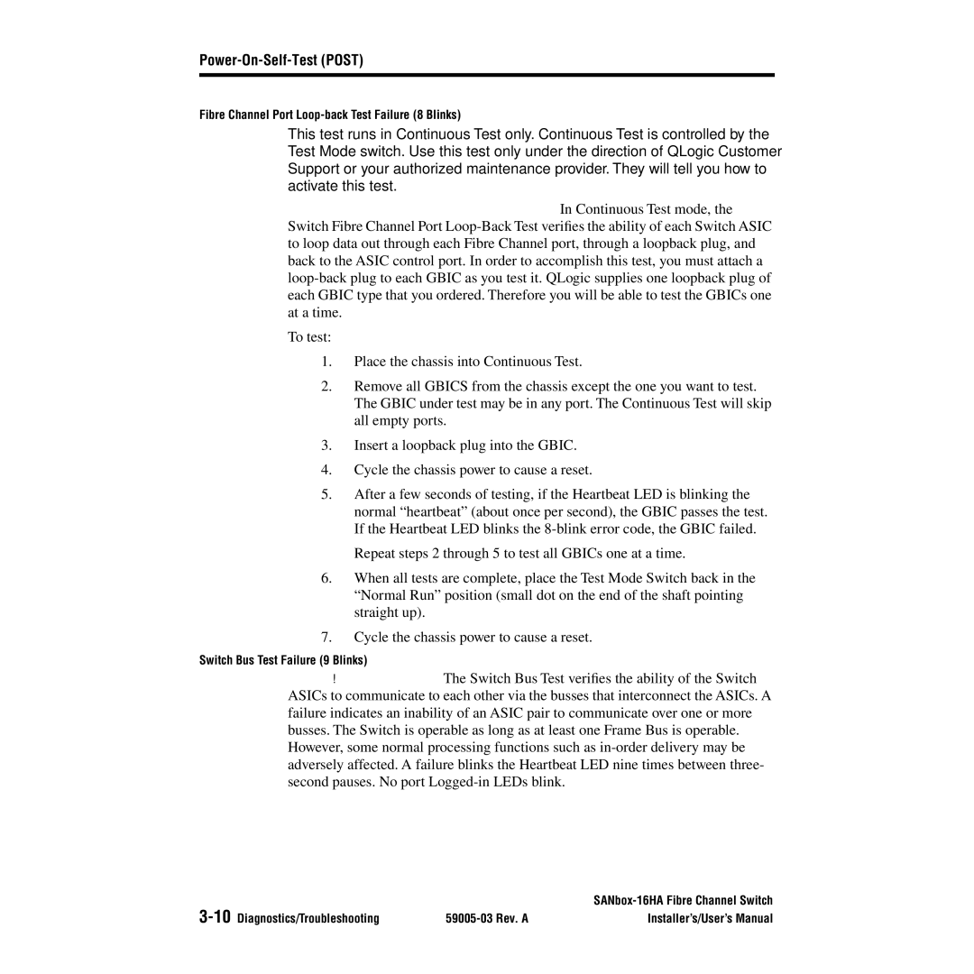 Q-Logic 16HA user manual Fibre Channel Port Loop-back Test Failure 8 Blinks 