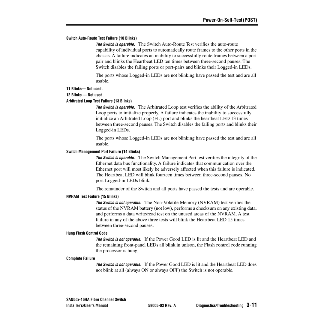 Q-Logic 16HA user manual Switch Auto-Route Test Failure 10 Blinks 