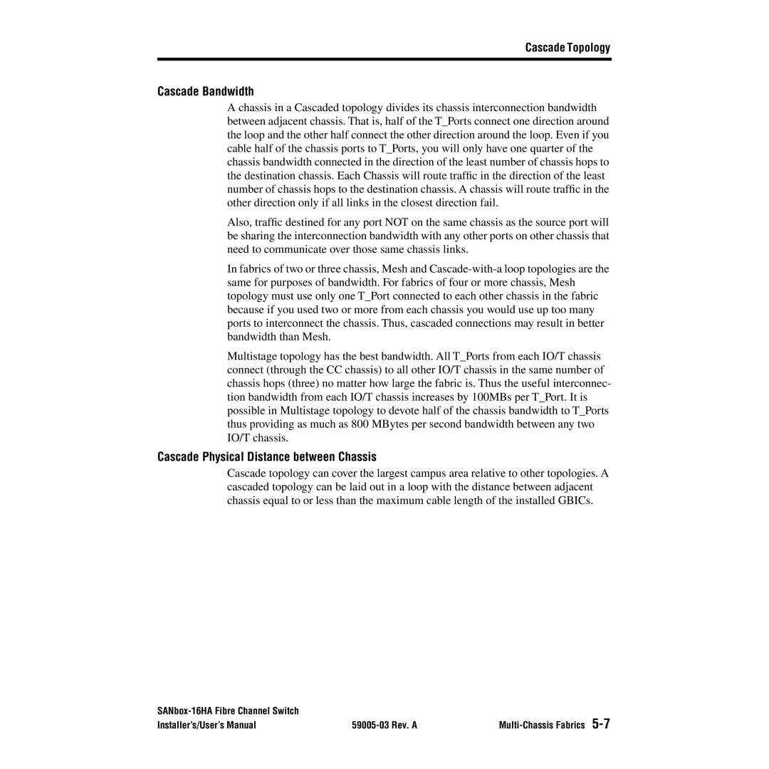 Q-Logic 16HA user manual Cascade Bandwidth, Cascade Physical Distance between Chassis 