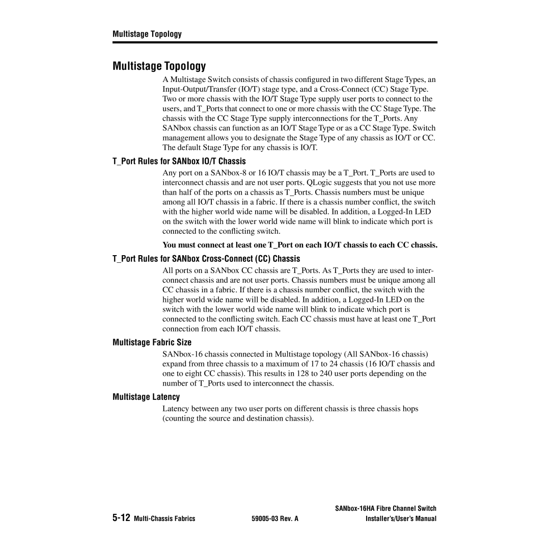 Q-Logic 16HA Multistage Topology, TPort Rules for SANbox IO/T Chassis, TPort Rules for SANbox Cross-Connect CC Chassis 