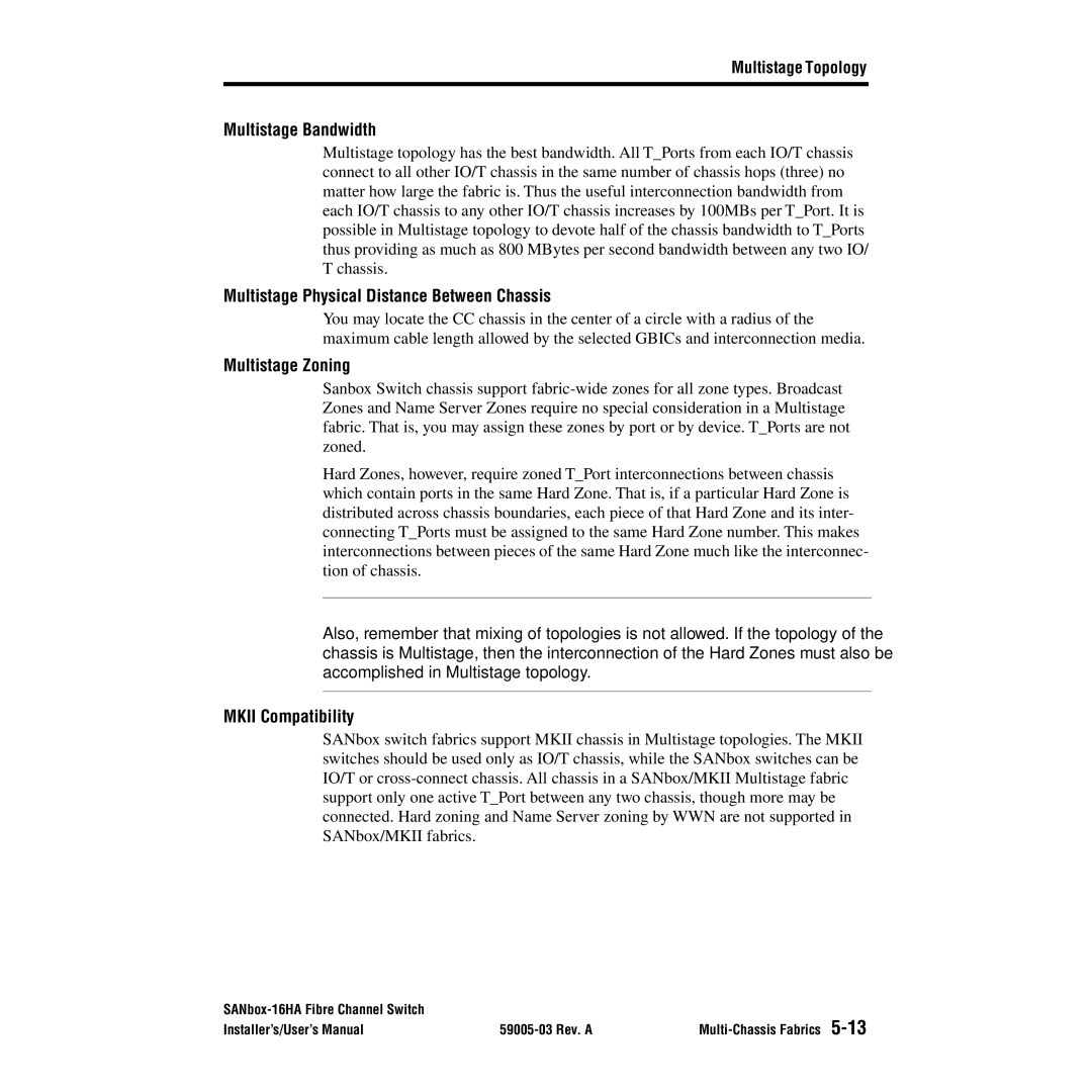 Q-Logic 16HA user manual Multistage Bandwidth, Multistage Physical Distance Between Chassis, Multistage Zoning 