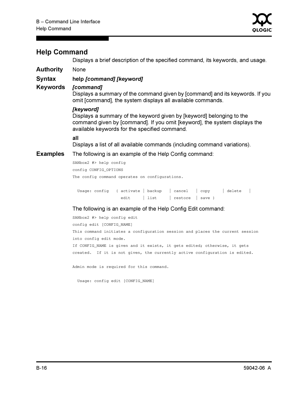 Q-Logic 2-8C manual Help Command, Authority None, Keywords command, Syntax help command keyword 