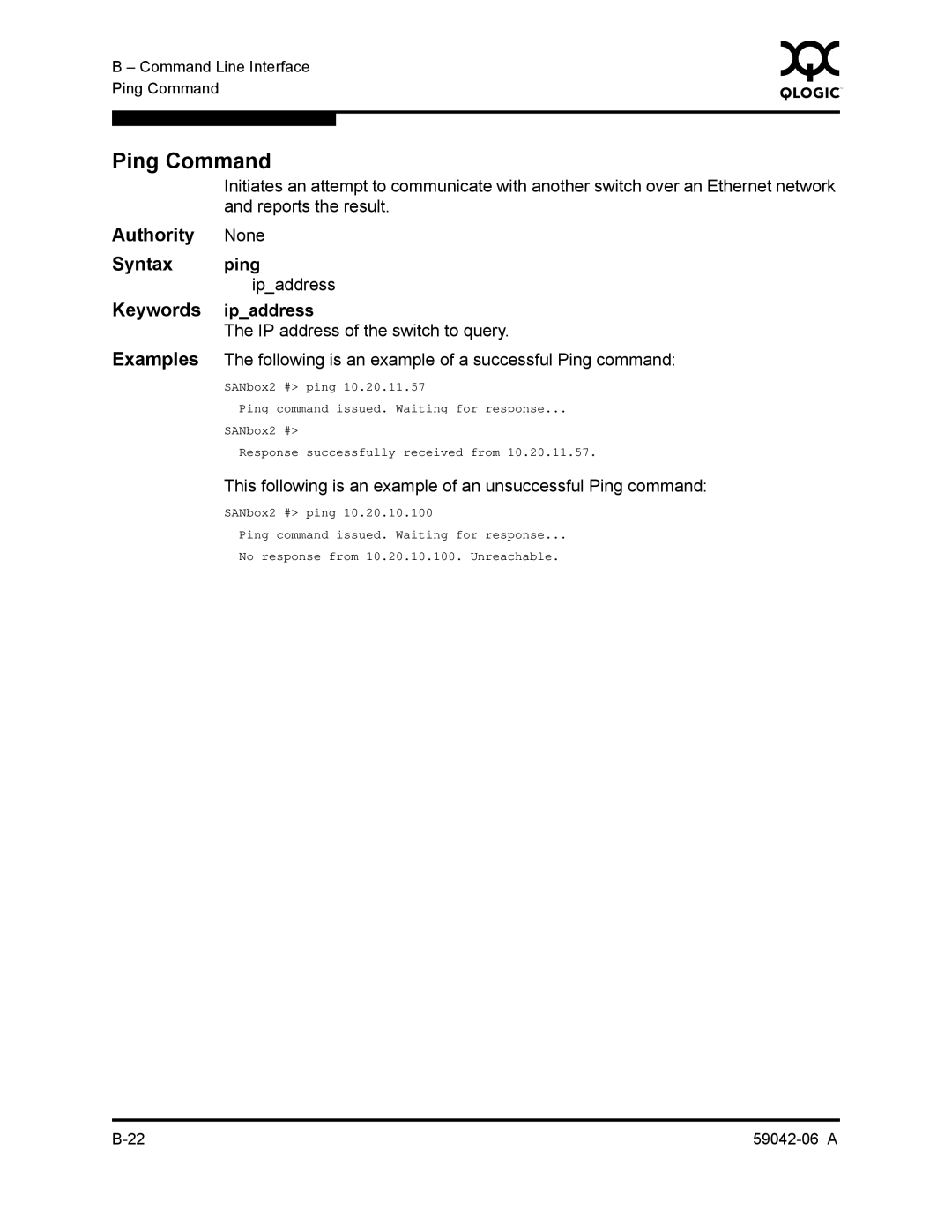 Q-Logic 2-8C manual Ping Command, Syntax ping ipaddress, Keywords ipaddress 