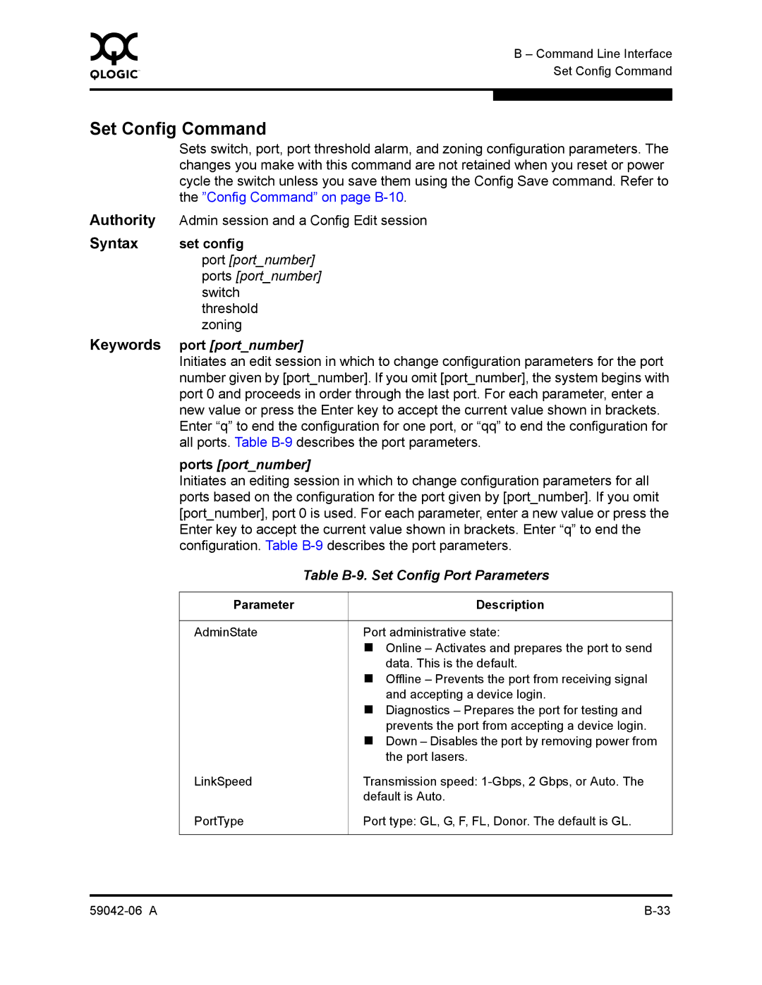 Q-Logic 2-8C Set Config Command, Set config, Port portnumber, Ports portnumber, Table B-9. Set Config Port Parameters 