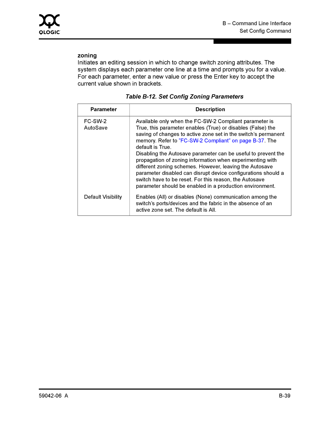 Q-Logic 2-8C manual Table B-12. Set Config Zoning Parameters, Memory. Refer to FC-SW-2 Compliant on page B-37 