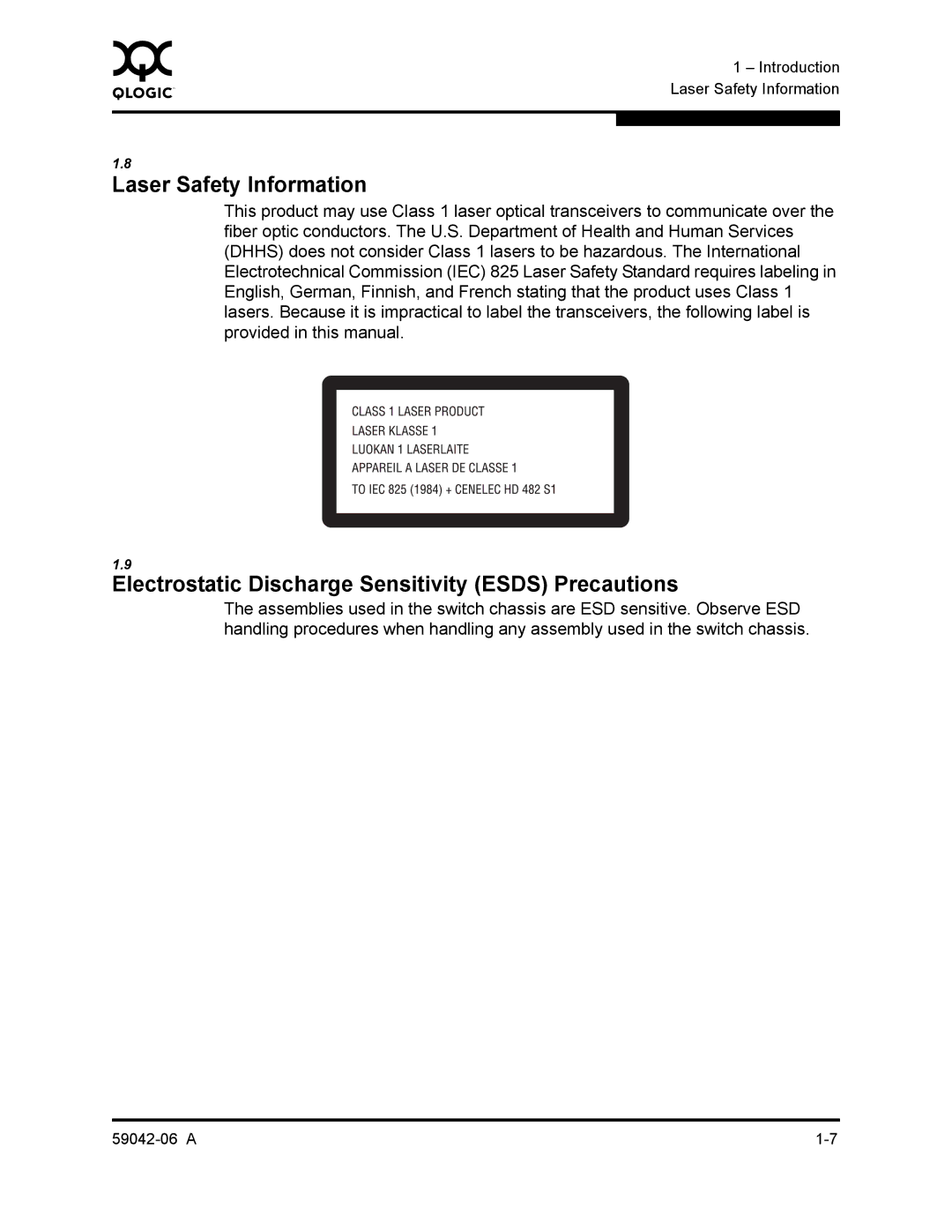 Q-Logic 2-8C manual Laser Safety Information, Electrostatic Discharge Sensitivity Esds Precautions 