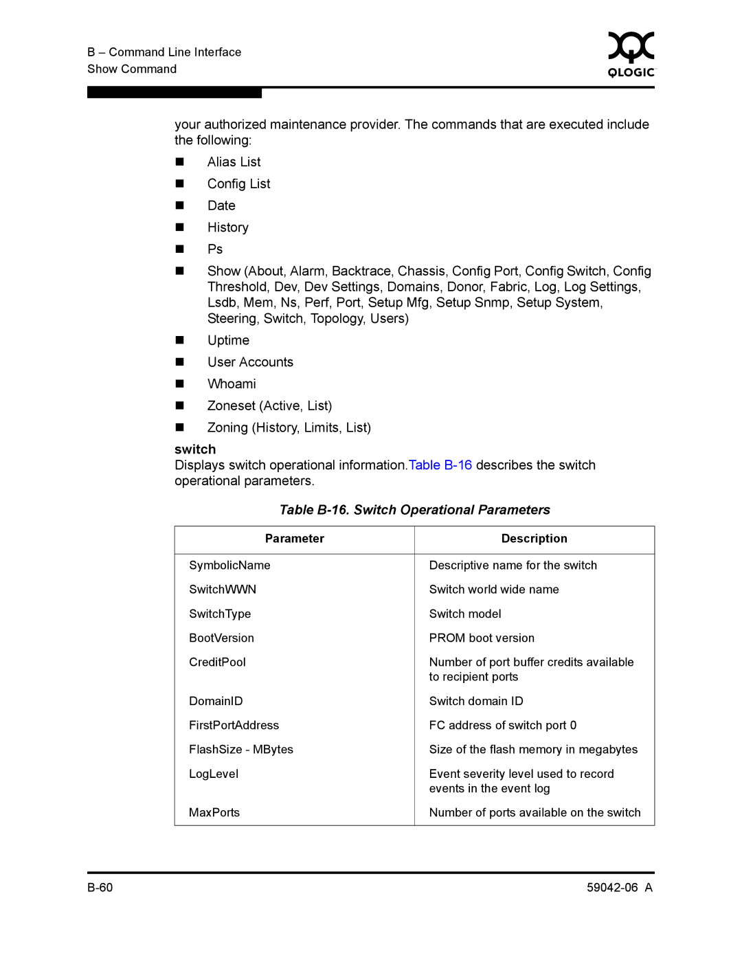 Q-Logic 2-8C manual Table B-16. Switch Operational Parameters 