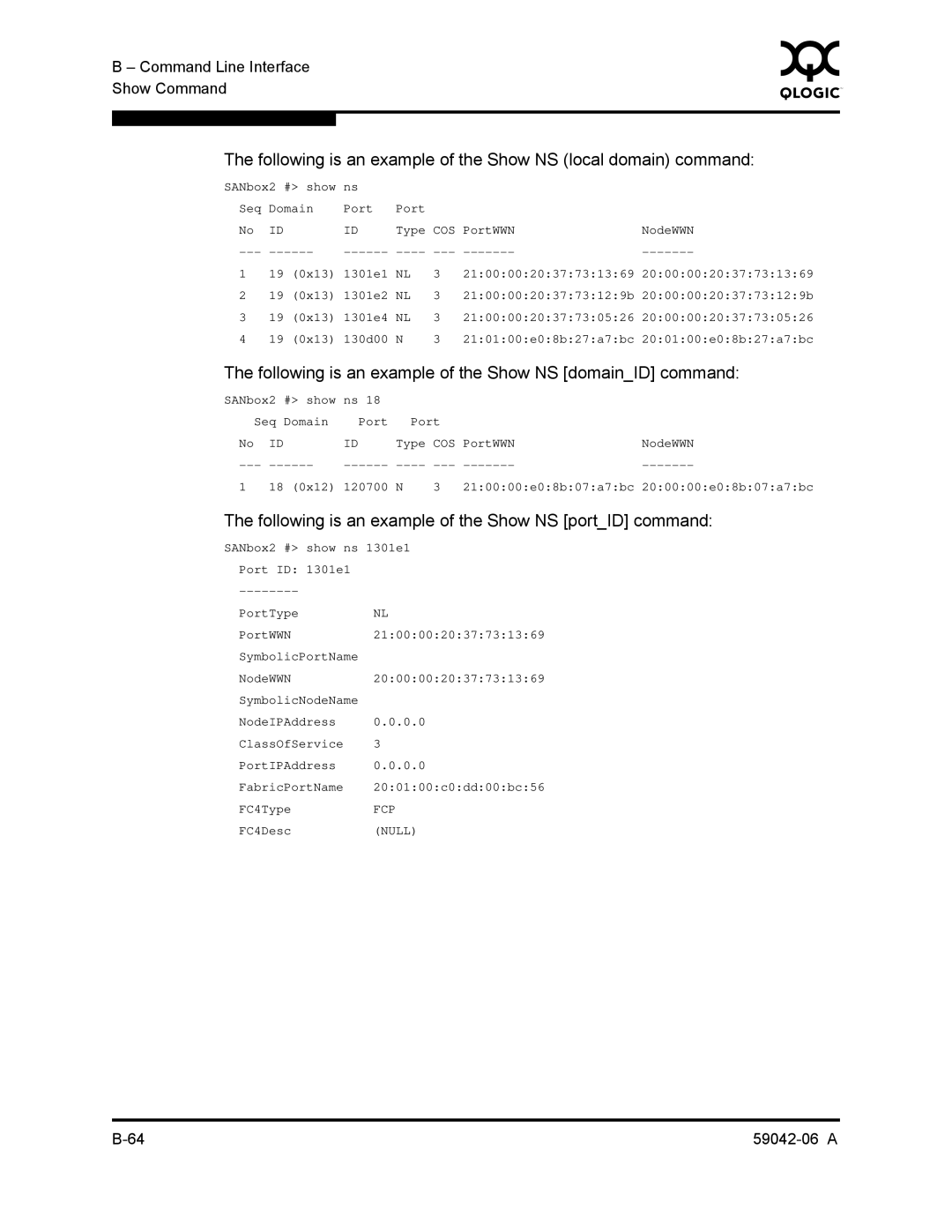 Q-Logic 2-8C manual Following is an example of the Show NS local domain command 