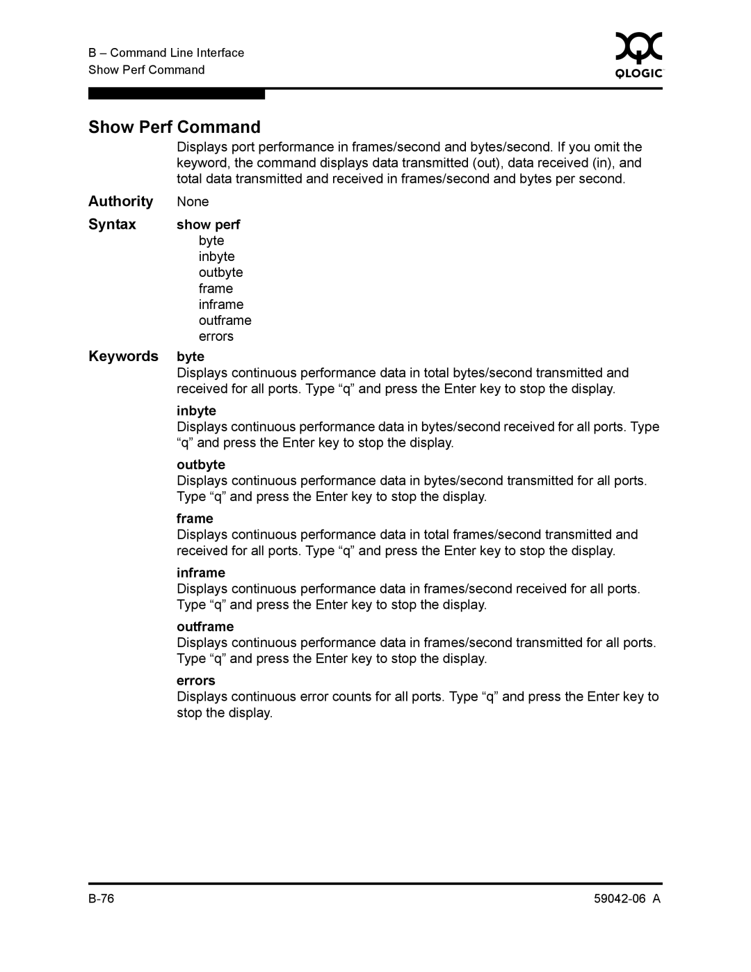 Q-Logic 2-8C manual Show Perf Command 