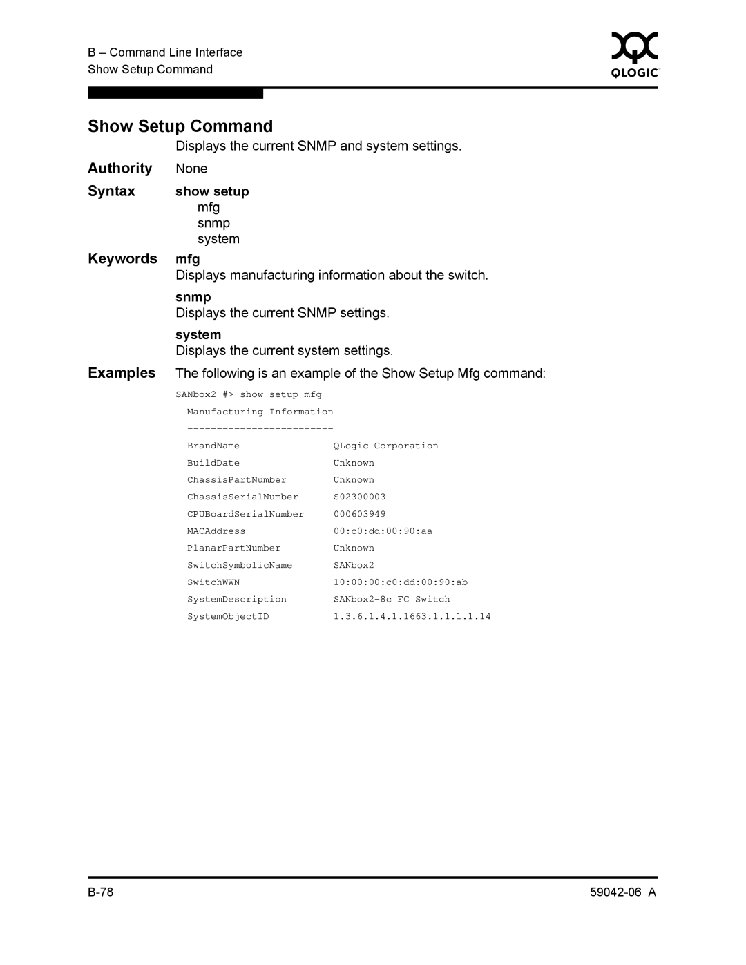 Q-Logic 2-8C manual Show Setup Command, Show setup, Mfg 