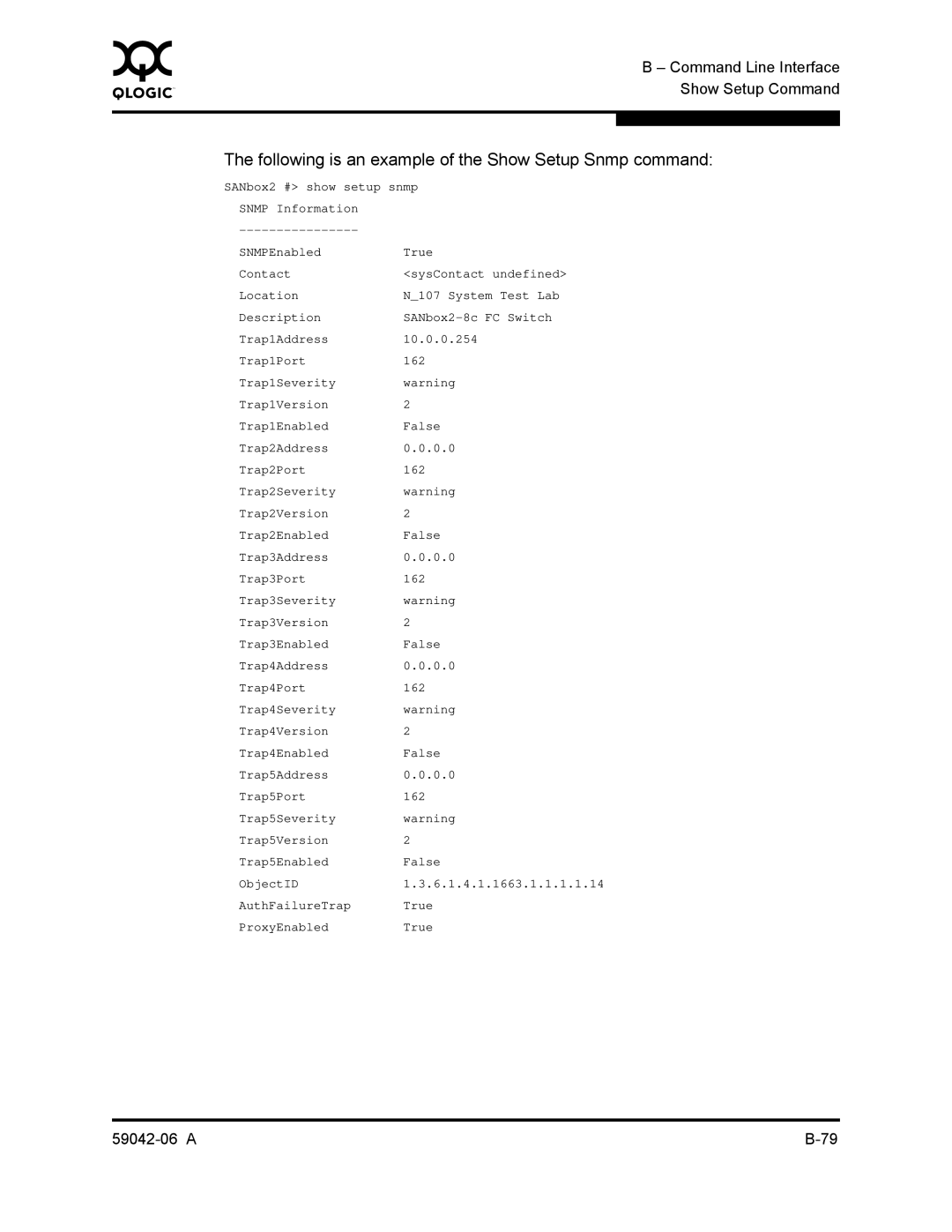 Q-Logic 2-8C manual Following is an example of the Show Setup Snmp command 