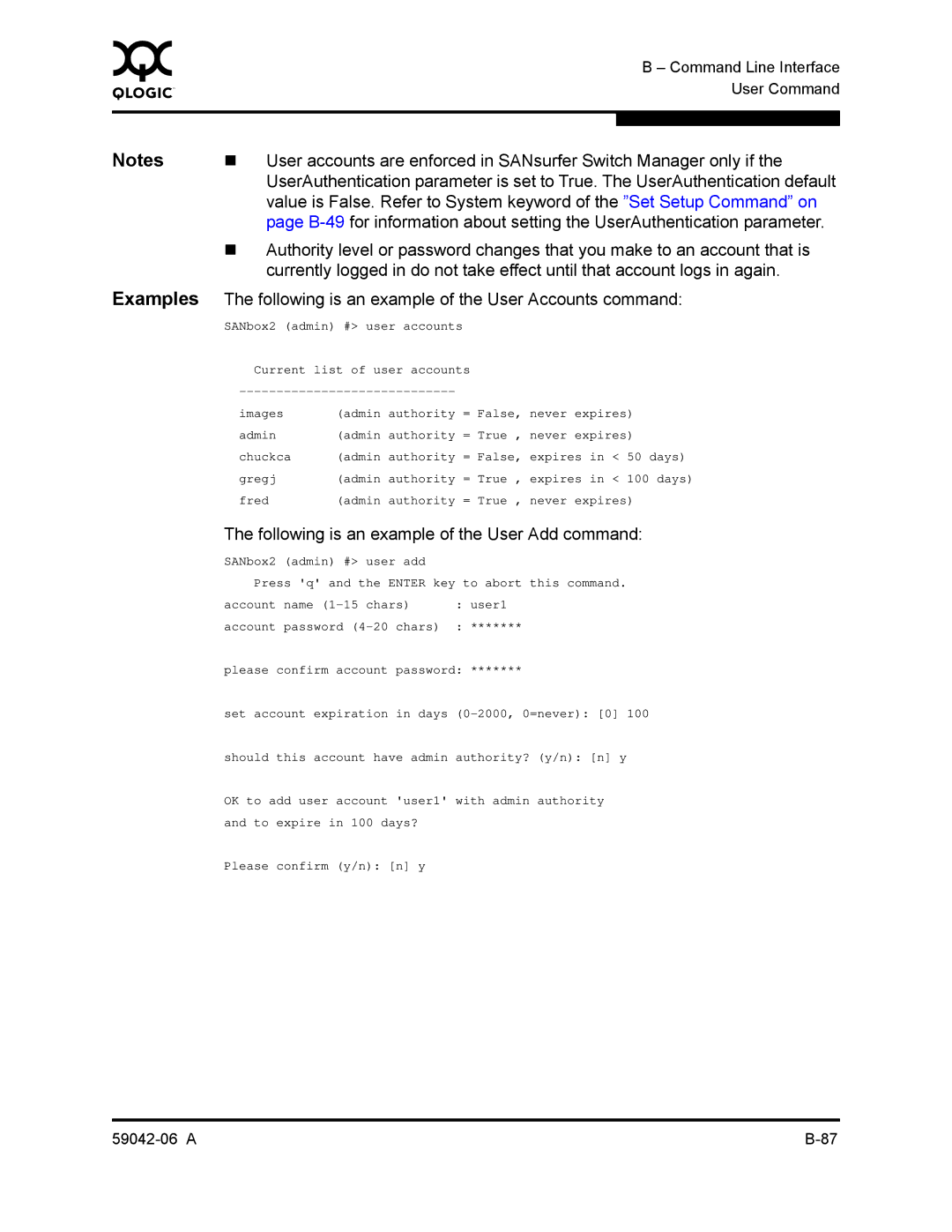 Q-Logic 2-8C manual Following is an example of the User Add command 