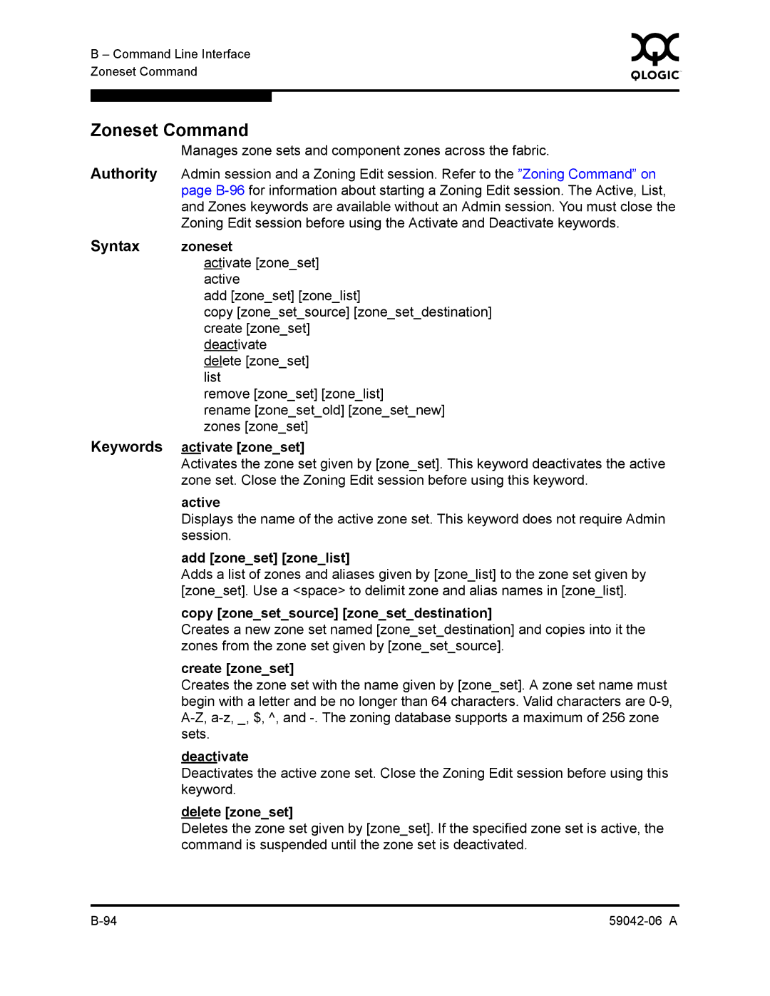 Q-Logic 2-8C manual Zoneset Command, Syntax zoneset 