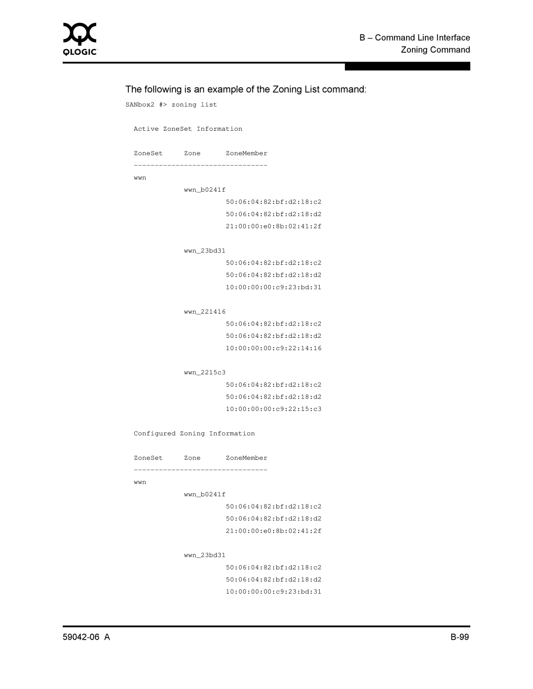 Q-Logic 2-8C manual Following is an example of the Zoning List command 