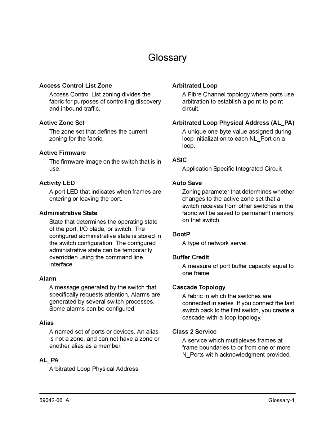 Q-Logic 2-8C Access Control List Zone, Active Zone Set, Active Firmware, Activity LED, Administrative State, Alarm, Alias 