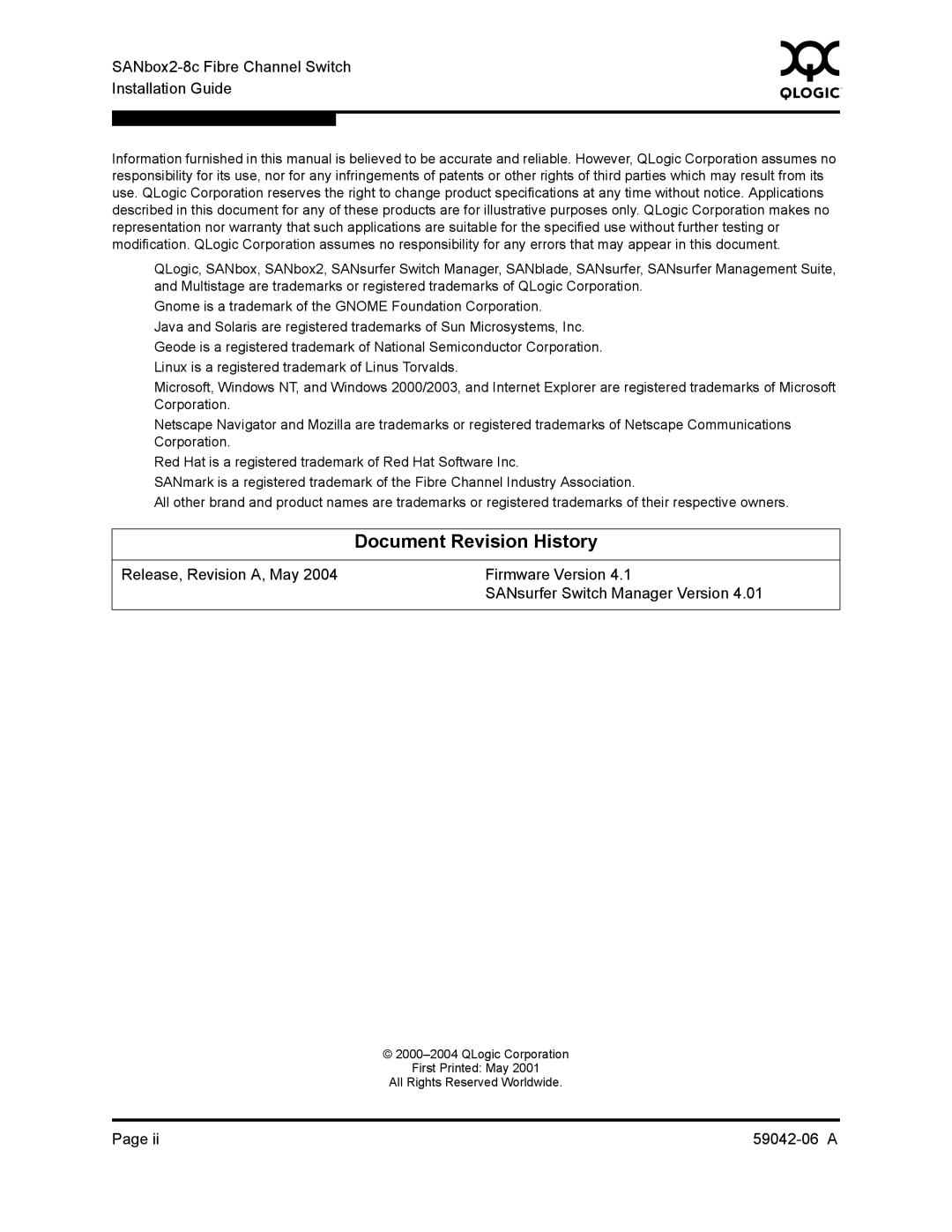 Q-Logic 2-8C manual Document Revision History, SANbox2-8c Fibre Channel Switch Installation Guide 