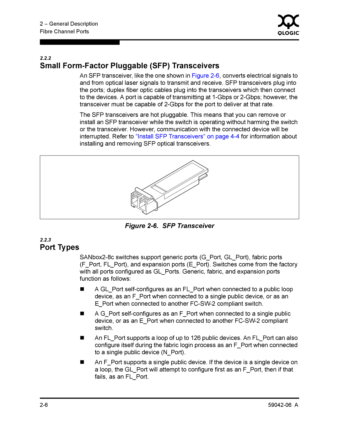 Q-Logic 2-8C manual Small Form-Factor Pluggable SFP Transceivers, Port Types 