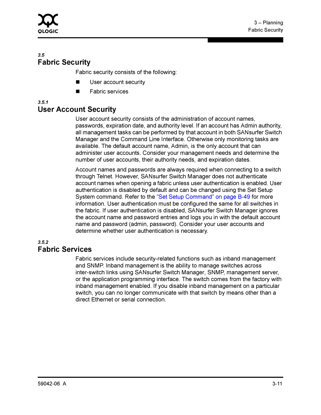 Q-Logic 2-8C manual Fabric Security, User Account Security, Fabric Services 