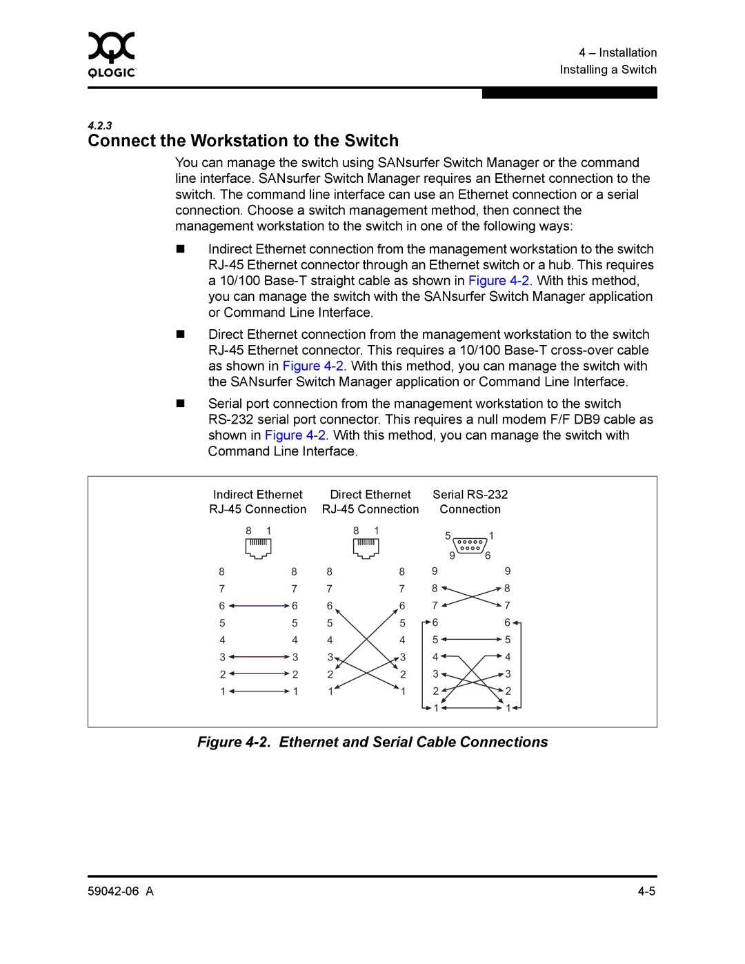 Q-Logic 2-8C manual Connect the Workstation to the Switch, Ethernet and Serial Cable Connections 