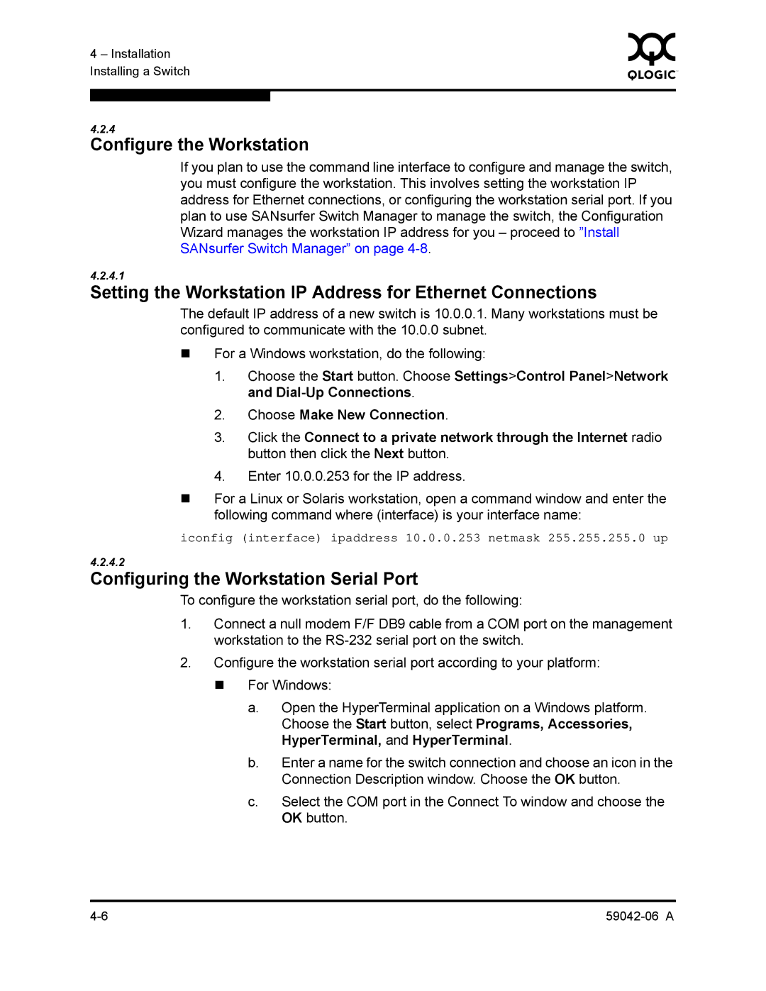 Q-Logic 2-8C manual Configure the Workstation, Setting the Workstation IP Address for Ethernet Connections 